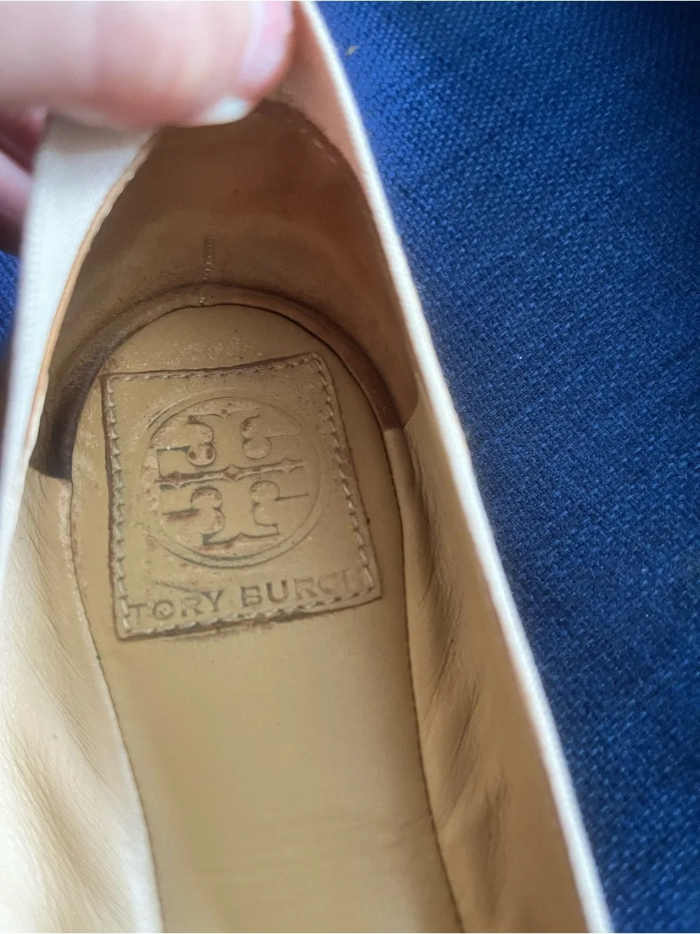 Tory Burch Two-Tone Beige Patent Leather Logo Ballet Flats